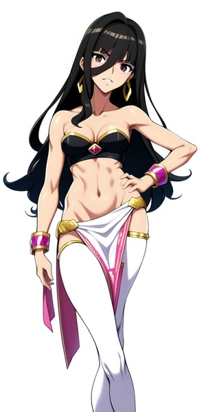 1.girl, Chel from el dorado, Latina, brunette, very long black hair, bangs above the eyes, dark brown eyes, square gold earrings, strapless top, white with pink, pink bracelets, long white skirt style loincloth, slender body with slim figure, naughty and sexy attitude.