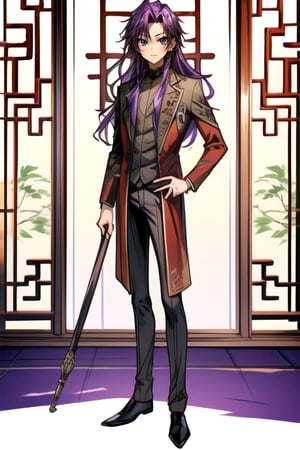 a young man in his early 20's with long purple hair, deep eyes, violet eyes, wearing a suit combining Viking and traditional Chinese styles, shows his full body, masterpiece,  best quality,