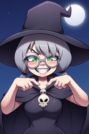 1girl, solo, (gray hair), green eyes, ahoge, (low-pigtail hairs:1.2), (black round frame glasses:1.2), (Witch hat), (Witch cloak), Witch dress, (cute pose), cobweb, (skull), pumpkin lantern, moon, blush, (In the forest at night), (eyes highlight), standing, ((upper body)), very beautiful girl, crazy smiling, slightly angry, himecut hairstyle, masterpiece quality, stunning image, masterpiece, 8K, stunning image, light particles, attractive image, reflections,  \medium\,Beautiful eyes,