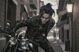 a boy with a very long blue black hair tied in a low black ponytail with deep black eyes, adding an edgy touch to his intimidating presence.evil smile, ninja look, Leaning against his motorcycle in an alleyway at night, he radiates a serious, unyielding intensity. Perfect lighting casts deep shadows, accentuating every curve and crease, as if the camera has captured a slice of pure chaos.