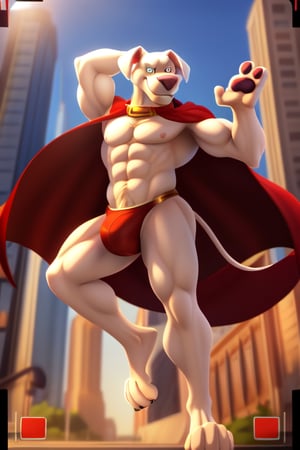 Krypto, single character, solo, single, 8k, 4k, bright light, standing, dog, male, fur, white fur, city background, MUSCULAR, veiny muscles, foreskin, detailed fur, perfect eyes, nose, smile, detailed eyes, full body portrait, standing, high quality, cgi, tail, red cape, collar, red speedo, red underwear, big bulge, hyper bulge, floating in air, levitating, feet, foot paws, paws, paw pads, detailed feet, feet focus, character looking down, camera view face up, camera view from the bottom,
