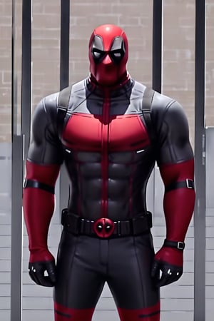 Bodyguard Placide I.T, alone, fit, defined body, full body, Deadpool costume, looking at viewer, front view