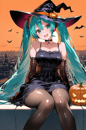 1girl, hatsune miku, shiny skin, black dress, choker, armsleeves, pantyhose, witch hat, :d, sitting, headtilt, bats, orange sky, jack-o-lantern, cityscape, TRT, masterpiece, best quality