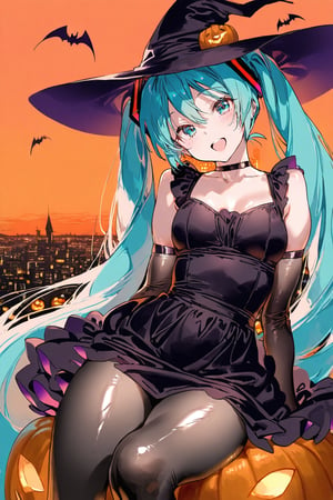 1girl, hatsune miku, shiny skin, black dress, choker, armsleeves, pantyhose, witch hat, :d, sitting, headtilt, bats, orange sky, jack-o-lantern, cityscape, RAR, masterpiece, best quality