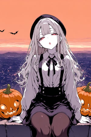 1girl, pale skin, grey hair, long hair, center-flap bangs, vampire, collared shirt, ribbon tie, suspender skirt, beret, pantyhose, sitting, headtilt, half-closed eyes, :o, bats, orange sky, jack-o-lantern, cityscape, masterpiece, best quality