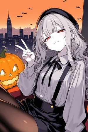 1girl, pale skin, grey hair, long hair, center-flap bangs, vampire, collared shirt, ribbon tie, suspender skirt, beret, pantyhose, sway back, hand up, v, half-closed eyes, :3, sitting, headtilt, bats, orange sky, jack-o-lantern, cityscape, mgcm, masterpiece, best quality