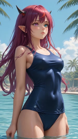 score_9, score_8_up, score_7_up,
young woman, medium breasts,
IrysHolo, horns, heterochromia, purple eye, blue eye, long hair, purple hair,
(happy:0.5), blush,
cameltoe, covered nipples,
old school swimsuit, school swimsuit, blue one-piece swimsuit,
wet, wet swimsuit, water drops,
standing, cowboy shot,
sea, partially submerged, palmtrees