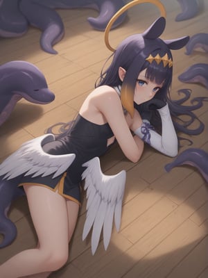 score_9, score_8_up, score_7_up, solo,
lying on stomach, on wooden floor, from above, from behind,
young woman, flat chest,
ina, inapriestess, strapless dress, single thighhigh, single detached sleeve, black gloves, low wings, halo, tentacles, mole under eye
