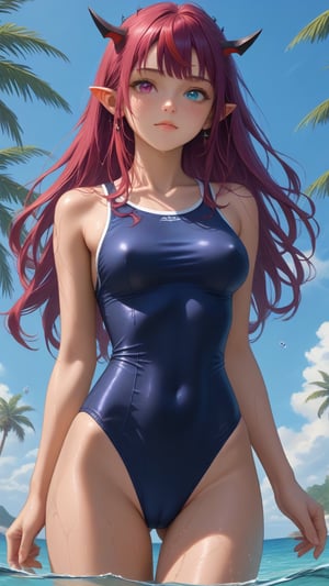 score_9, score_8_up, score_7_up,
young woman, medium breasts,
IrysHolo, horns, heterochromia, purple eye, blue eye, long hair, purple hair,
(happy:0.5), blush,
cameltoe, covered nipples,
blue one-piece swimsuit, old school swimsuit, wet, wet swimsuit, water drops,
standing, cowboy shot, thighs,
sea, partially submerged, palmtrees