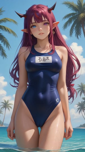 score_9, score_8_up, score_7_up,
nametag text "TOFU",
young woman, medium breasts,
IrysHolo, horns, heterochromia, purple eye, blue eye, long hair, purple hair,
(happy:0.5), blush,
cameltoe, covered nipples,
blue one-piece old school swimsuit, wet, wet swimsuit,
standing, cowboy shot, thighs,
sea, partially submerged, palmtrees