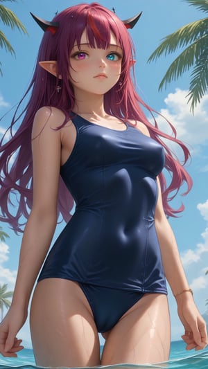 score_9, score_8_up, score_7_up,
young woman, medium breasts,
IrysHolo, horns, heterochromia, purple eye, blue eye, long hair, purple hair,
(happy:0.5), blush,
cameltoe, covered nipples,
old school swimsuit, school swimsuit, blue one-piece swimsuit,
wet, wet swimsuit, water drops,
standing, cowboy shot,
sea, partially submerged, palmtrees