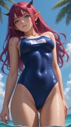 score_9, score_8_up, score_7_up,
text "TOFU" text,
young woman, medium breasts,
IrysHolo, horns, heterochromia, purple eye, blue eye, long hair, purple hair,
(happy:0.5), blush,
cameltoe, covered nipples,
blue school onepiece swimsuit, wet, wet swimsuit,
standing, cowboy shot, thighs,
sea, partially submerged, palmtrees