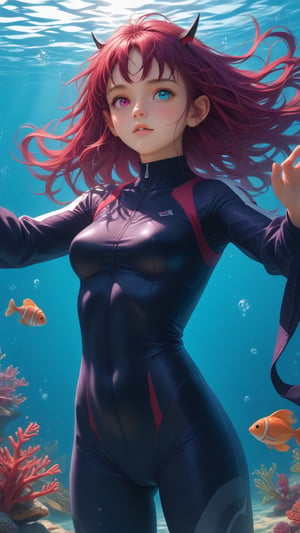 score_9, score_8_up, score_7_up, realistic,
young woman, medium breasts,
IrysHolo, horns, heterochromia, purple eye, blue eye, long hair, purple hair,
(happy:0.5), blush,
cameltoe, covered nipples,
wetsuit, diving suit, rebreather, scuba,
underwater, deep sea, god rays, swimming, coral reef, tropical fish, swimming, submerged, bubbles