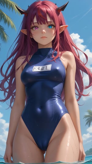 score_9, score_8_up, score_7_up,
text "TOFU" text,
young woman, medium breasts,
IrysHolo, horns, heterochromia, purple eye, blue eye, long hair, purple hair,
(happy:0.5), blush,
cameltoe, covered nipples,
blue school onepiece swimsuit, wet, wet swimsuit,
standing, cowboy shot, thighs,
sea, partially submerged, palmtrees