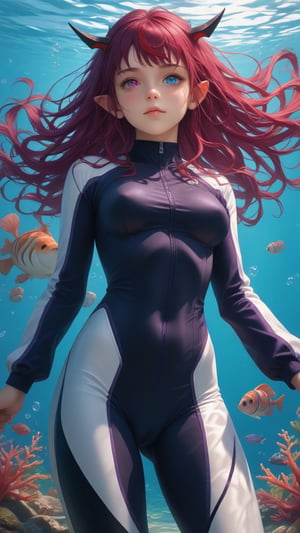 score_9, score_8_up, score_7_up, realistic,
young woman, medium breasts,
IrysHolo, horns, heterochromia, purple eye, blue eye, long hair, purple hair,
(happy:0.5), blush,
cameltoe, covered nipples,
wetsuit, rebreather, scuba,
underwater, deep sea, god rays, swimming, coral reef, tropical fish, swimming, submerged, bubbles