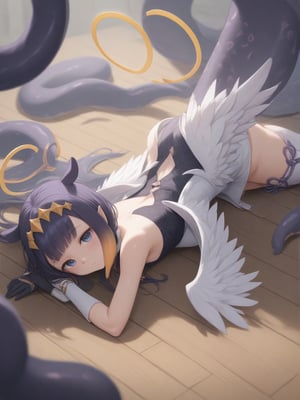 score_9, score_8_up, score_7_up, solo,
lying on stomach, on wooden floor, from above, from behind,
young woman, flat chest,
ina, inapriestess, strapless dress, single thighhigh, single detached sleeve, black gloves, low wings, halo, tentacles, mole under eye
