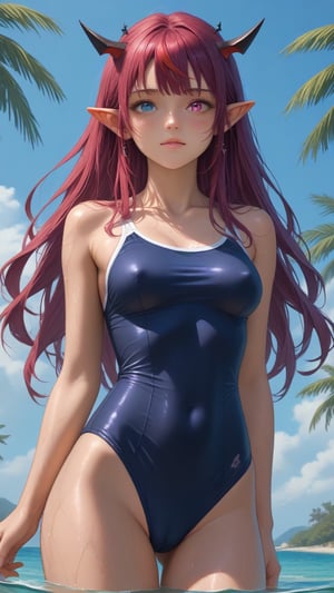 score_9, score_8_up, score_7_up,
young woman, medium breasts,
IrysHolo, horns, heterochromia, purple eye, blue eye, long hair, purple hair,
(happy:0.5), blush,
cameltoe, covered nipples,
blue one-piece swimsuit, old school swimsuit, wet, wet swimsuit,
standing, cowboy shot, thighs,
sea, partially submerged, palmtrees