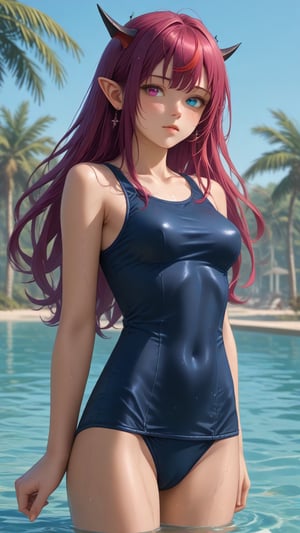 score_9, score_8_up, score_7_up,
young woman, medium breasts,
IrysHolo, horns, heterochromia, purple eye, blue eye, long hair, purple hair,
(happy:0.5), blush,
cameltoe, covered nipples,
old school swimsuit, school swimsuit, blue one-piece swimsuit,
wet, wet swimsuit, water drops,
standing, cowboy shot,
sea, partially submerged, palmtrees