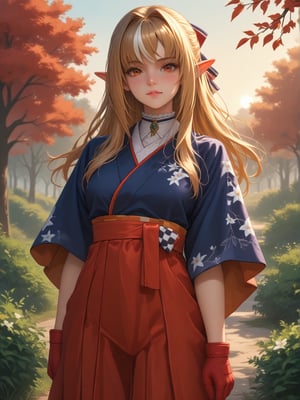 score_9, score_8_up, score_7_up,
standing, cowboy shot,
FlareNewYear, dark skin, long hair, blue kimono, floral print, red hakama, hakama skirt, gradient skirt, white undershirt, green brooch, red gloves
(happy:0.8), blush, looking at viewer,
bushes, shrubbery, overgrown park, outdoors, sunset