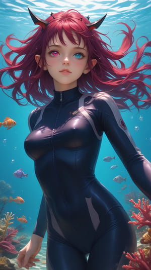 score_9, score_8_up, score_7_up, realistic,
young woman, medium breasts,
IrysHolo, horns, heterochromia, purple eye, blue eye, long hair, purple hair,
(happy:0.5), blush,
cameltoe, covered nipples,
wetsuit, rebreather, scuba,
underwater, deep sea, god rays, swimming, coral reef, tropical fish, swimming, submerged, bubbles