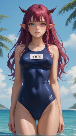 score_9, score_8_up, score_7_up,
nametag text "TOFU",
young woman, medium breasts,
IrysHolo, horns, heterochromia, purple eye, blue eye, long hair, purple hair,
(happy:0.5), blush,
cameltoe, covered nipples,
blue one-piece old school swimsuit, wet, wet swimsuit,
standing, cowboy shot, thighs,
sea, partially submerged, palmtrees