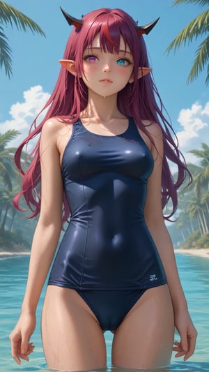 score_9, score_8_up, score_7_up,
young woman, medium breasts,
IrysHolo, horns, heterochromia, purple eye, blue eye, long hair, purple hair,
(happy:0.5), blush,
cameltoe, covered nipples,
old school swimsuit, school swimsuit, blue one-piece swimsuit,
wet, wet swimsuit, water drops,
standing, cowboy shot,
sea, partially submerged, palmtrees