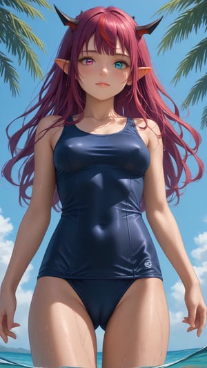 score_9, score_8_up, score_7_up,
young woman, medium breasts,
IrysHolo, horns, heterochromia, purple eye, blue eye, long hair, purple hair,
(happy:0.5), blush,
cameltoe, covered nipples,
old school swimsuit, school swimsuit, blue one-piece swimsuit,
wet, wet swimsuit, water drops,
standing, cowboy shot, thighs,
sea, partially submerged, palmtrees