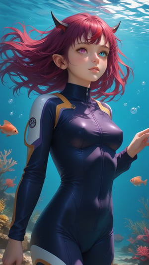 score_9, score_8_up, score_7_up, realistic,
young woman, medium breasts,
IrysHolo, horns, heterochromia, purple eye, blue eye, long hair, purple hair,
(happy:0.5), blush,
cameltoe, covered nipples,
wetsuit, diving suit, rebreather, scuba,
underwater, deep sea, god rays, swimming, coral reef, tropical fish, swimming, submerged, bubbles