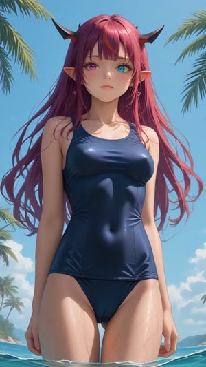 score_9, score_8_up, score_7_up,
young woman, medium breasts,
IrysHolo, horns, heterochromia, purple eye, blue eye, long hair, purple hair,
(happy:0.5), blush,
cameltoe, covered nipples,
old school swimsuit, school swimsuit, blue one-piece swimsuit,
wet, wet swimsuit, water drops,
standing, cowboy shot, thighs,
sea, partially submerged, palmtrees