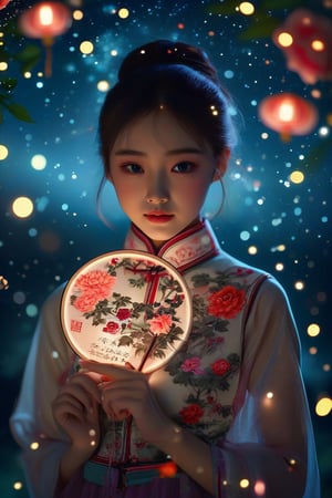 professional photography by Alessio Albi,Chinese girl, traditional cheongsam with peony pattern, delicate Chinese circular scarf, handle body, very detailed details of the girl's face, the scarf handle, Chinese calligraphy characters written on the scarf, in a starry night environment with nearby lights suggesting the holiday season. Highly detailed, cinematic lighting, 8K resolution.