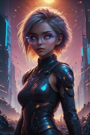 A captivating cyberpunk girl stands amidst a futuristic metropolis, wearing clear neon glasses that refract the city's dazzling lights. Her piercing gaze is set off by intricate, golden-ratio details on her face and clothes. In stunning 32K UHD, she poses against a decadent, highly detailed digital backdrop, reminiscent of Octane Render's artistry. Heartwarming, uplifting, and charming, this masterpiece features sharp focus, smooth textures, and exquisite eyes that seem to sparkle with inner light. The setting sun casts beautiful rim lighting, subsurface scattering, and subtle light leaks, casting a warm glow on the city's towering skyscrapers.