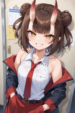 (masterpiece), best quality, expressive eyes, perfect face, score_9, Girl, medium hair, brown hair, twin buns, french braid, blunt bangs, yellow eyes, oni horns, skin horns, detective coat, off shoulders, sleveless white shirt, red tie, red tiered skirt, looking at viewer, smiling, smug, hands on pockets, detective office background 