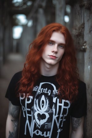 the world's most perfect metalhead boyfriend , Pale white skin, metalcore, male, tattoos, loveable, huggable , cuddly , warm hearted , precious ,sparkling eyes, affectionate , dimples, extremely soft kissable lips ,  long wavy red hair , gentle soul , biggest sweetheart , adorable  , black shirt  , cute smile , heart shaped  freckles 