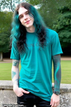 the world's most perfect metalhead boyfriend , Pale white skin, metalcore, male, tattoos, loveable, huggable , cuddly , warm hearted , precious ,sparkling eyes, affectionate , dimples, extremely soft kissable lips , really   long  wavy  
teal  hair , gentle soul , biggest sweetheart , adorable  , black shirt  , cute smile , skinny jeans standing  outside 