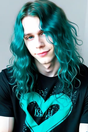 the world's most perfect metalhead boyfriend , Pale white skin, metalcore, male, tattoos, loveable, huggable , cuddly , warm hearted , precious ,sparkling eyes, affectionate , dimples, extremely soft kissable lips , really   long  wavy  
teal  hair , gentle soul , biggest sweetheart , adorable  , black shirt  , cute smile , skinny jeans 