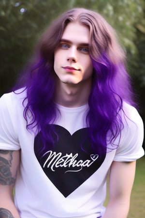 the world's most perfect metalhead boyfriend , Pale white skin, metalcore, male, tattoos, loveable, huggable , cuddly , warm hearted , precious ,sparkling eyes, affectionate , dimples, extremely soft kissable lips , really   long  wavy  
Purple  hair , gentle soul , biggest sweetheart , adorable  , black short sleeve shirt  , cute smile , skinny jeans standing  outside 