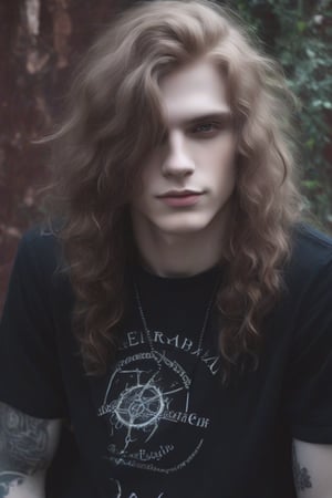 the world's most perfect metalhead boyfriend , Pale white skin, metalcore, male, tattoos, loveable, huggable , cuddly , warm hearted , precious ,sparkling eyes, affectionate , dimples, extremely soft kissable lips ,  long pomegranate colored hair , gentle soul , biggest sweetheart , adorable  , black shirt  , smiling 