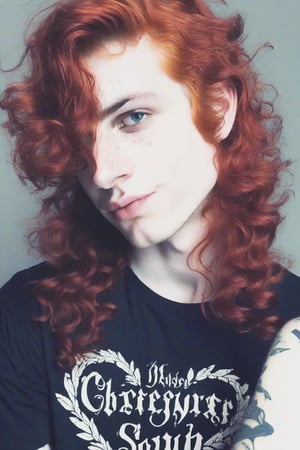 the world's most perfect metalhead boyfriend , Pale white skin, metalcore, male, tattoos, loveable, huggable , cuddly , warm hearted , precious ,sparkling eyes, affectionate , dimples, extremely soft kissable lips ,  long wavy red hair , gentle soul , biggest sweetheart , adorable  , black shirt  , cute smile , heart shaped  freckles 