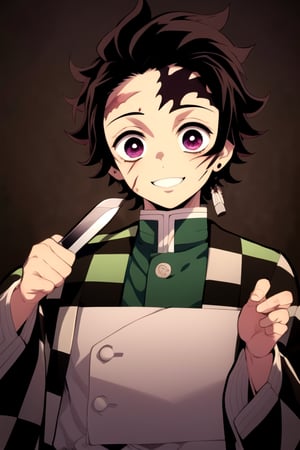 1boy, kimetsu no yaiba, kamado tanjiro, short brown hair, short black hair, checkered pattern outfit, nichiri blade, scar on forehead, smiling, no extra scars