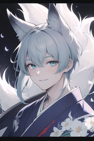 1boy, solo_male, short blue hair, green-eyes, fox eyes, smiling, Korean, pale skin, tall boy, a nine-tailed fox, blue fox tails and ears, wearing a blueish kimono printed with white flowers, looking_at_viewer, portrait, close up, dynamic angle, crystals, dark background