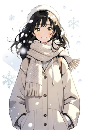 1 girl, long black hair, brown eyes, light coloured winter clothes, snowy background, smiling, standing, scarf around neck