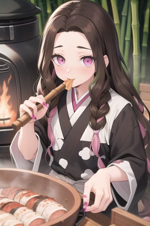  pink eyes, long nail, bamboo in mouth, forehead, two-tone hair, brown hair, black hair, kimetsu no yaiba,kamado nezuko