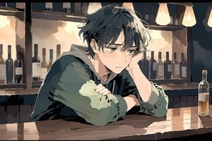 ((masterpiece)), ultra detailed, best quality, 8k, absolutely resolution, aesthetic, watercolor, pastel style, beautiful gradation, super beautiful eyes, 
1man, sad, feeling depressed and lonely, with green eyes and messy short black hair, tired expression, wearing casual wrinkled clothing in dull colors. the background is in a in a dimly lit bar. upper body shot