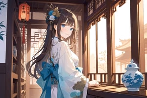 ((masterpiece)), ultra detailed, best quality, 8k, absolutely resolution, aesthetic, watercolor, pastel style, beautiful gradation, super beautiful eyes, 1girl, beautiful, smile, closed mouth, blue eyes, Side-Swept Bangs, long hair, creamy brown hair, wearing traditional Chinese clothing skirt, elegant and alluring, long sleeves, a long robe with red and white colors, hair ornament, jewelry, golden embellishments, closed up shot.
The background is Chinese ancient style tea shop, traditional architecture, wooden shelves filled with tea leaves, decorative lanterns, intricate carvings, serene atmosphere, soft light filtering through paper windows, vintage tea utensils, and a peaceful garden outside.