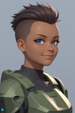 score_9, score_8_up, score_7_up,

solo, dark_skinned_female, (dark_skin:1.3), shaved, very_short_hair, brown_hair, buzzcut, mohawk, blue_eyes, teenager, spartan, halo, (green armor), helmetless, smirk, mouth_closed, head_tilt, headshot_portrait, simple, 3d, ((2.5d)), from_side,