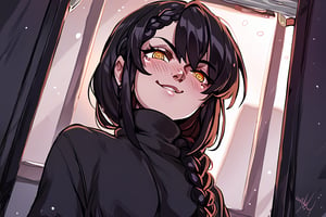 (score_9, score_8_up), score_7_up, score_6_up, score_5_up, score_4_up, Nayuta, 1girl, ringed eyes, black hair, yellow eyes, best quality, smug, black sweater, turtleneck sweater, looking at chemicals, indoors, blushing, medium hair, single braid, merustyle, looking through window,