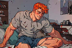 (score_9, score_8_up), score_7_up, score_6_up, score_5_up, score_4_up,  1boy, orange hair, short hair, orange facial hair, grey hoodie, muscular body, lean body, shredded body, blue shorts, bedroom, greasy bed, messy bedroom, stains on clothes, 