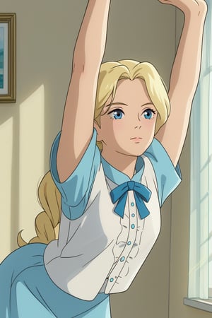 m4rn13, blonde hair, blue eyes,cammystretch, stretching,leaning forward,arms up