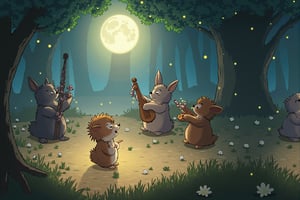  A Disney-like illustrated cartoon scene of a whimsical forest clearing under a glowing full moon. In the center, a tiny hedgehog named Ellie stands in awe, surrounded by an enchanting animal orchestra playing delicate instruments crafted from nature, like a rabbit strumming a spider silk harp and an owl playing a reed flute. A graceful deer, the Moon Maestro, with antlers glowing softly like moonlight, conducts the orchestra. The scene is filled with soft, magical colors, glowing flowers, and twinkling fireflies. The mood is warm and magical, capturing a sense of wonder and dreams coming to life.