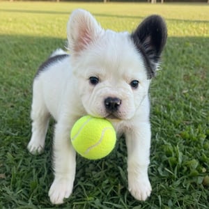 white little puppy with black one ear,stains, black stain in one ear, bitting a ball of tenis